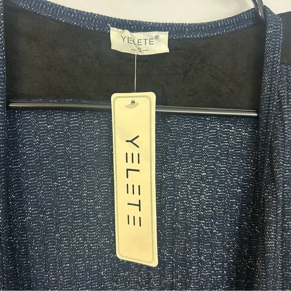 NWT Yelete Navy Blue/Black Metallic Open Front Long Lightweight Cardigan Small